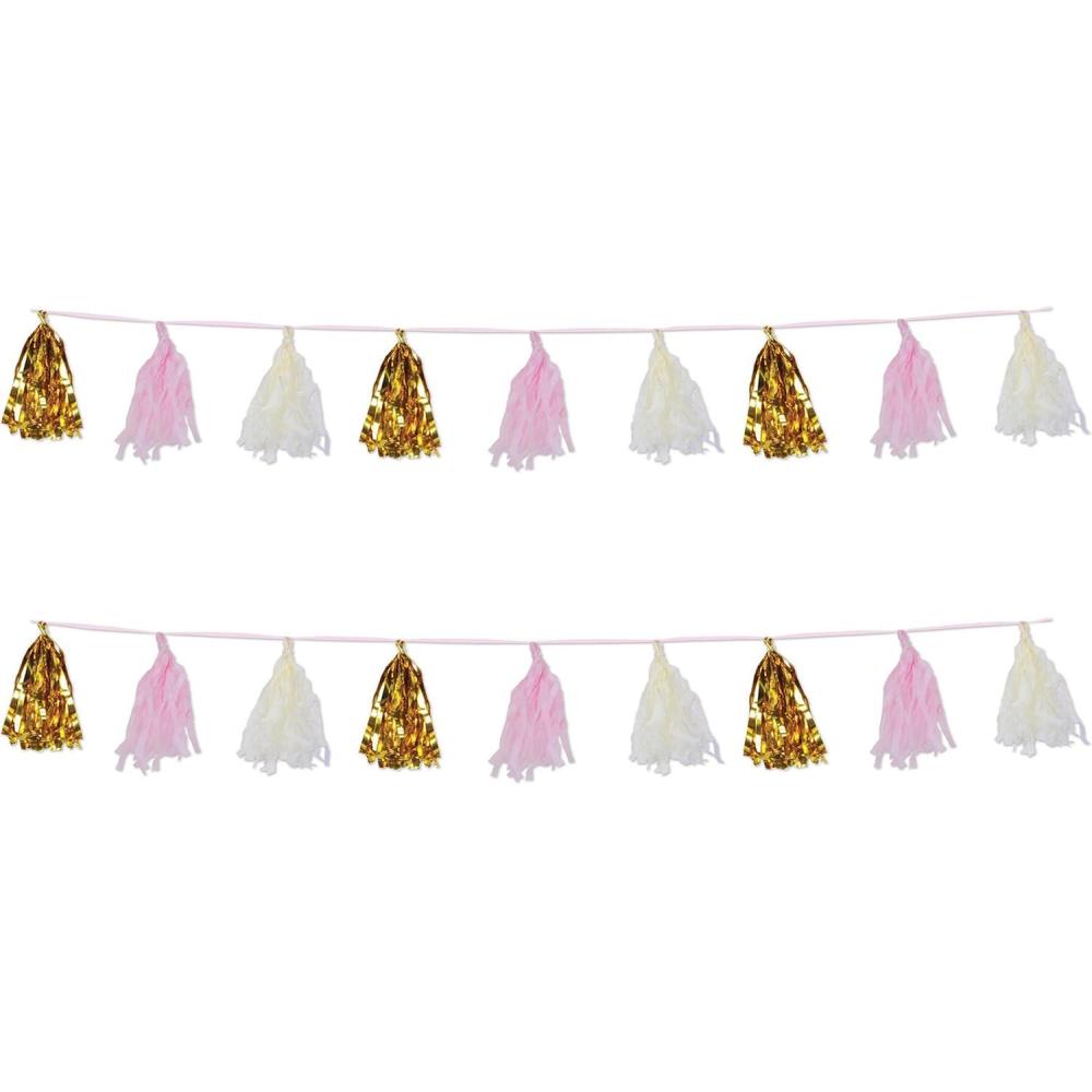imageBeistle Metallic Plastic ampamp Tissue Paper Tassel Garland 2 Piece Baby Shower Decorations Birthday Party Supplies 975quot x 8 GoldPinkIvory