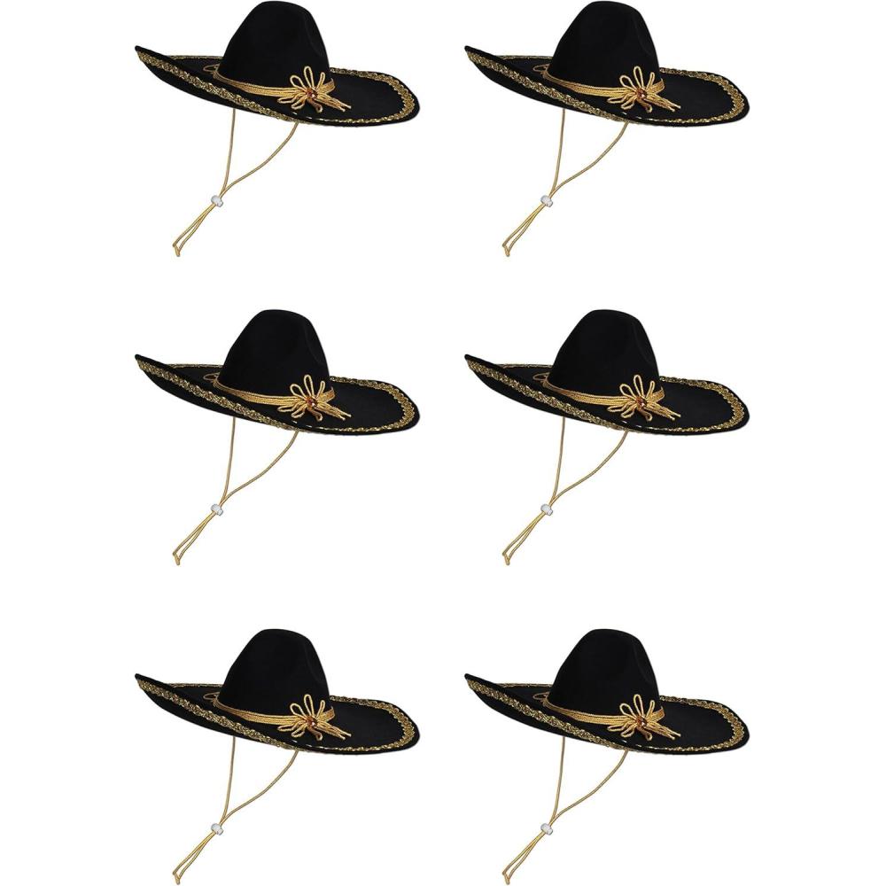 imageBeistle Felt Sombreros 6Count  Black Mexican Fiesta Hats with Gold Trim Adult Costume Accessories for Cinco de Mayo Mariachi Outfits Latin Themed Parties and Taco Tuesdays