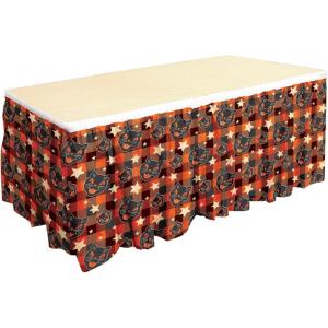 Beistle Vintage Halloween Table Skirting – Plastic Self-Adhesive Table Skirt with Scratch Cat Faces and Stars on Orange and Black Buffalo Plaid, Retro Halloween Party Decoration, 29″ x 14′