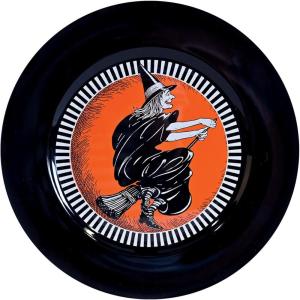 Beistle Vintage Halloween Witch Platter – 2 Pack Black & Orange Decorative Serving Tray, Retro Holiday Party Plate, Flying Witch Design, Nostalgic Seasonal Tableware for Candy Desserts & Treats, 12⅞”
