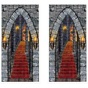 Beistle Castle Entrance Door Covers 2-Count – Plastic Gothic Decorations with Torches and Stone Staircase for Haunted Houses, Dungeon Themes, Halloween Parties and Fantasy Events, 5’ x 30”