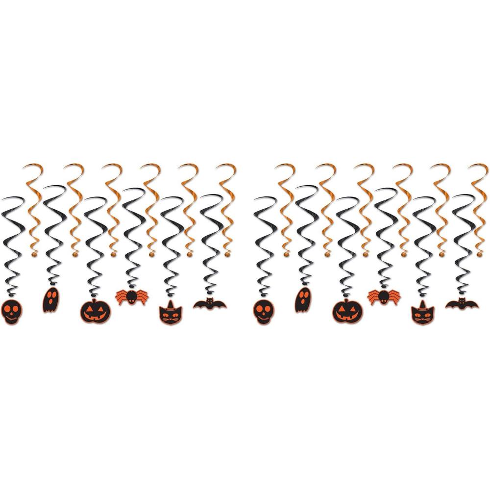imageBeistle Spooky Hanging Whirls 24 Piece Happy Halloween Party Decorations Cat Ghost Skeleton Jack O Lantern Spider Bat 175quot 345quot BlackOrangeHalloween Whirls