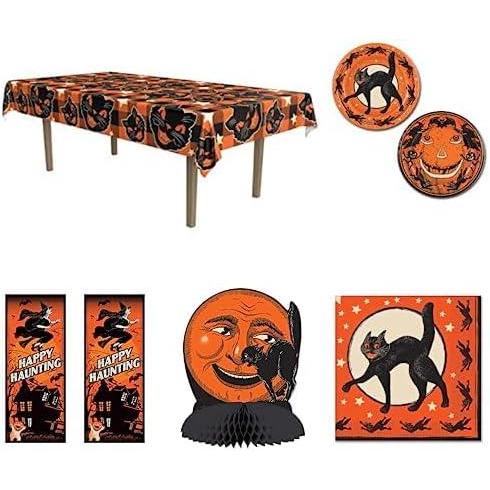 imageBeistle Vintage Halloween Tablecover 8 Piece Vintage Halloween Plates 16 Piece Vintage Halloween Napkins Vintage Halloween Cat ampamp Moon Centerpiece 2 Piece Vintage Halloween Door Covers