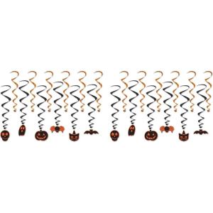 Beistle Spooky Hanging Whirls 24 Piece Happy Halloween Party Decorations Cat Ghost Skeleton Jack O Lantern Spider Bat, 17.5″ – 34.5″, Black/Orange(Halloween Whirls)