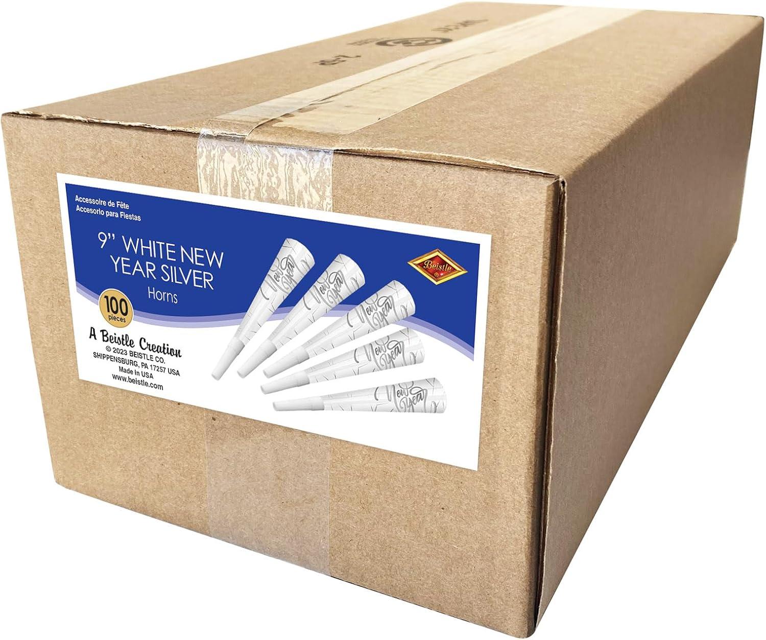 imageBeistle 100 Piece Happy New Year Party Supplies Favors NYE Noisemaker Horns Made in USA Since 1900 9quot WhiteSilver