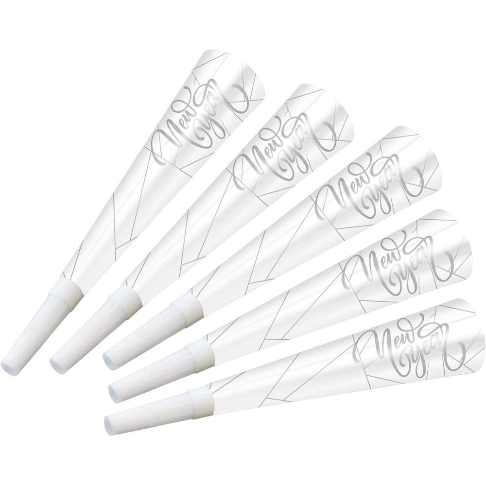 imageBeistle 100 Piece Happy New Year Party Supplies Favors NYE Noisemaker Horns Made in USA Since 1900 9quot WhiteSilver