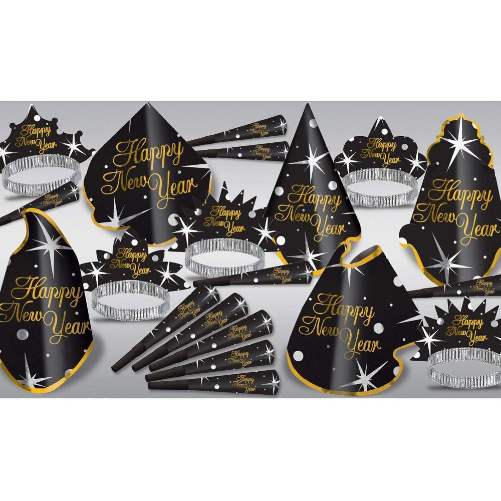 imageHappy New Year Shimmer Assortment for 10 People Hats Tiaras Noisemaker Horns  BlackGoldSilver