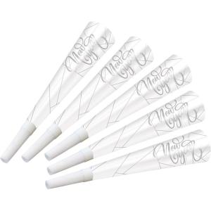 Beistle 100 Piece Happy New Year Party Supplies Favors NYE Noisemaker Horns, Made in USA Since 1900, 9″, White/Silver