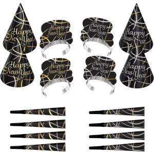 Beistle 16 Piece Ring In The Happy New Year Party Supplies Assortment for 8 People – Cone Hats, Tiaras, Noisemaker Horns