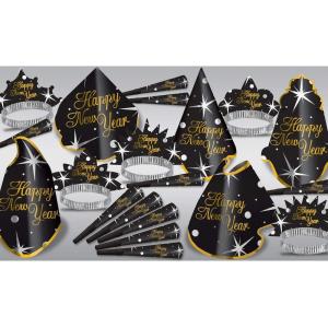 Happy New Year Shimmer Assortment for 10 People Hats, Tiaras, Noisemaker Horns – Black/Gold/Silver