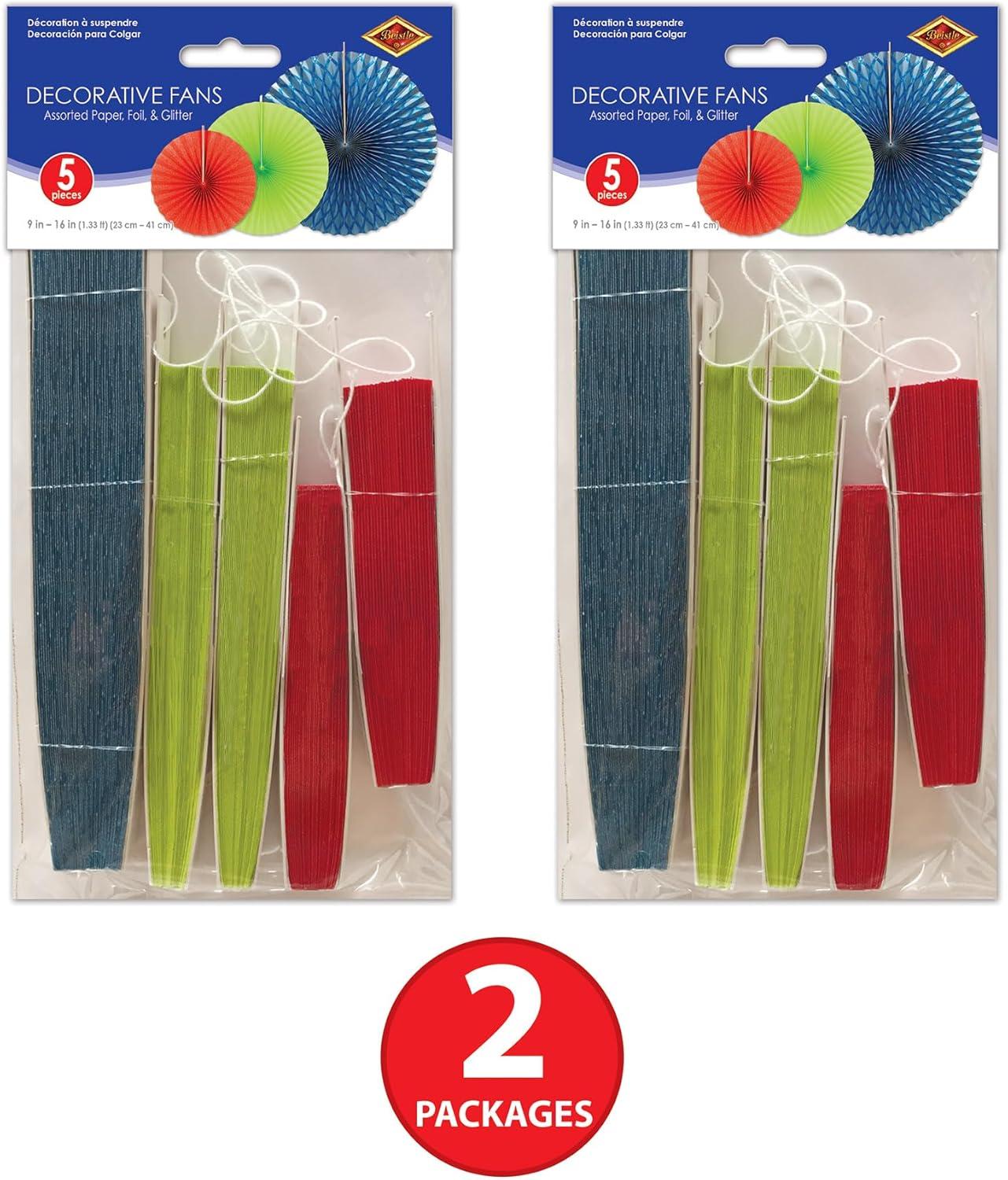 imageBeistle 10 Piece Paper and Foil Decorative Fans Assorted Sizes RedLime GreenBlue