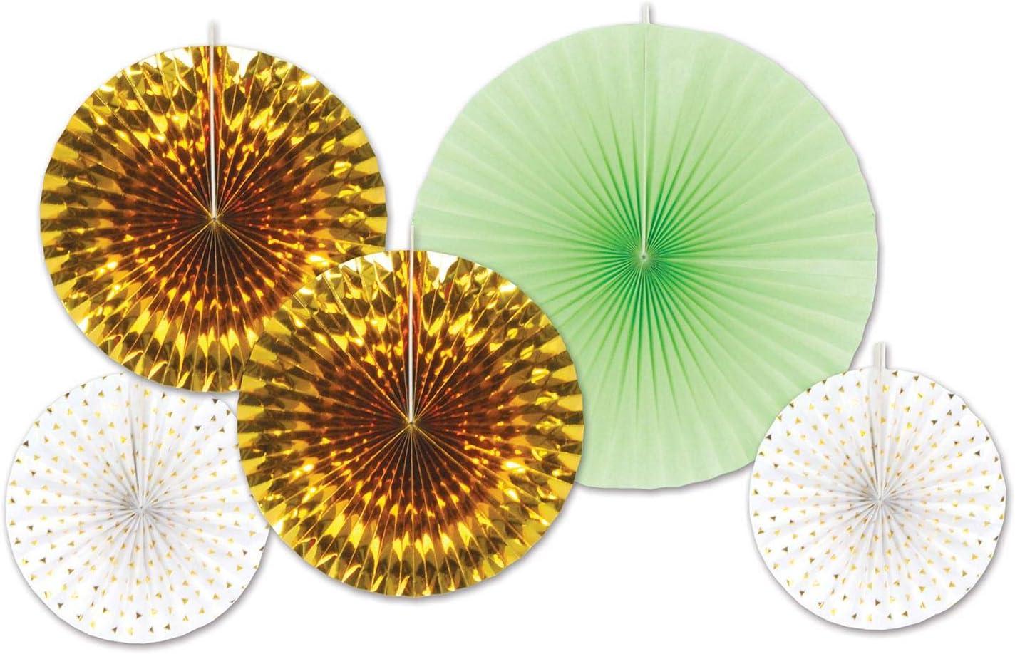 imageBeistle 10Piece Assorted Paper ampamp Foil Decorative Fans Assorted Sizes  GoldMint GreenWhite
