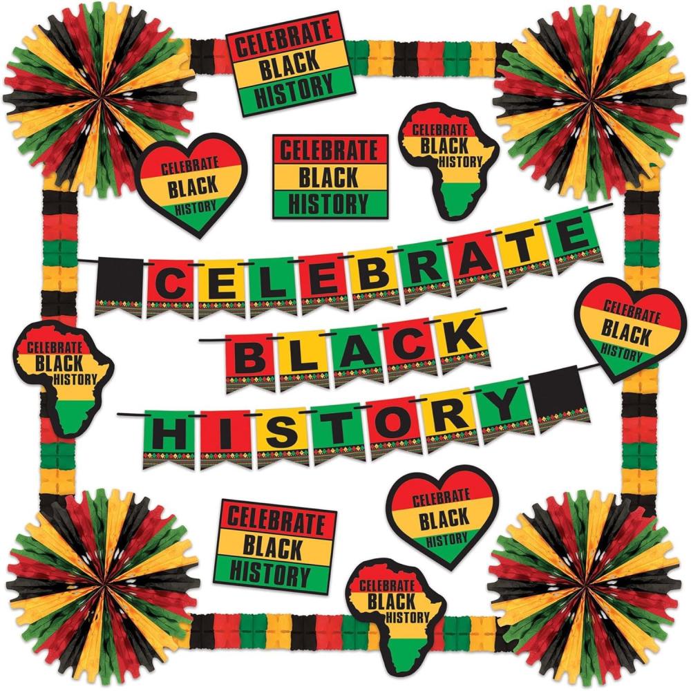 imageBeistle Celebrate History Decorating Kit 18Piece Set with Tissue Fans Cutouts Streamer and Leaf Garlands Red Green Yellow and Black African American Party Supplies Assorted YellowBlack