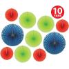 Beistle 10 Piece Paper and Foil Decorative Fans, Assorted Sizes, Red/Lime Green/Blue