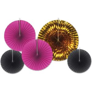 Beistle Black, Cerise, & Gold Assorted Paper & Foil Decorative Fans