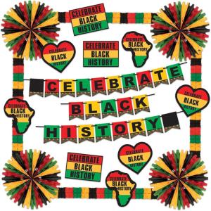 Beistle Celebrate History Decorating Kit 18-Piece Set with Tissue Fans, Cutouts, Streamer, and Leaf Garlands, Red, Green, Yellow and Black African American Party Supplies, Assorted, YellowBlack