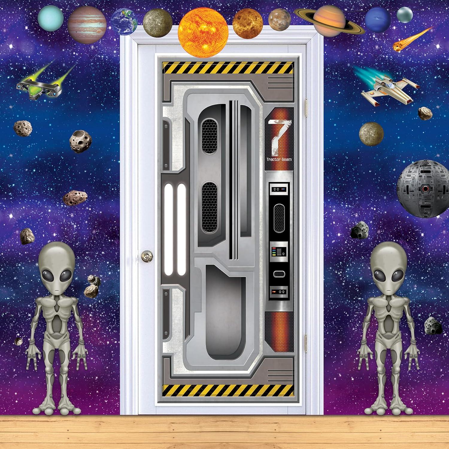 imageBeistle Set of 2 Plastic Spaceship Door Covers Decorations for Outer Space Galaxy Alien Theme Birthday Futuristic Party Supplies ampamp Wall Decor 6 x 30quotGalaxy