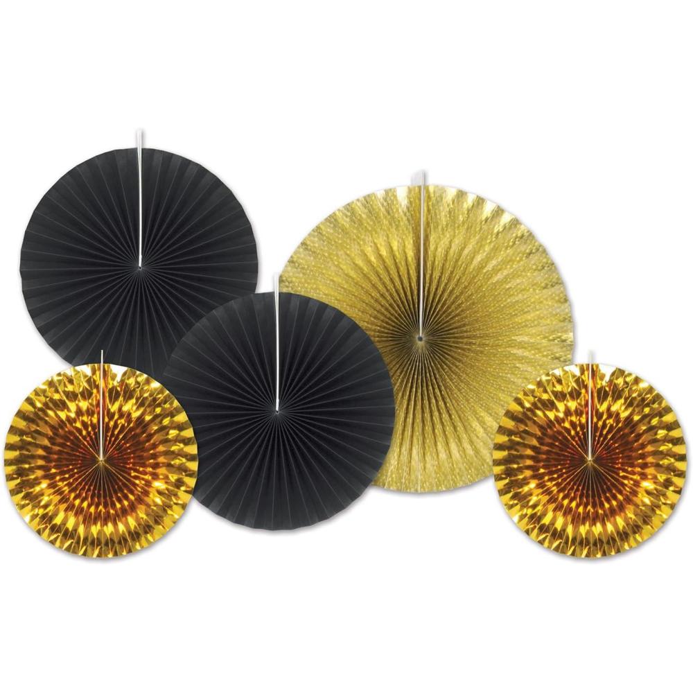 imageBeistle Assorted Black ampamp Gold Paper ampamp Foil Decorative Fans
