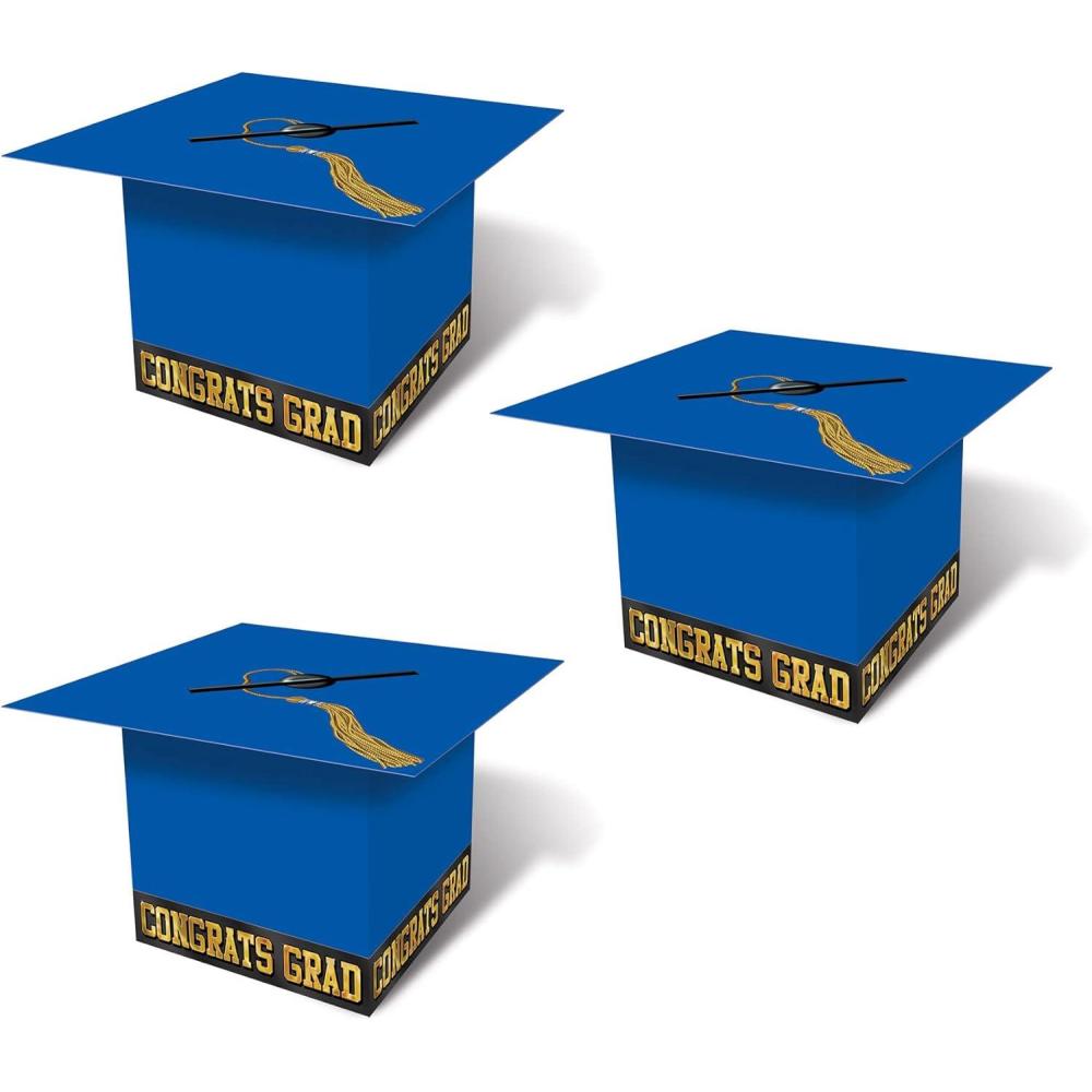 imageBeistle 3 Piece Blue Grad Cap Card Box Holders For Graduation Party Decorations