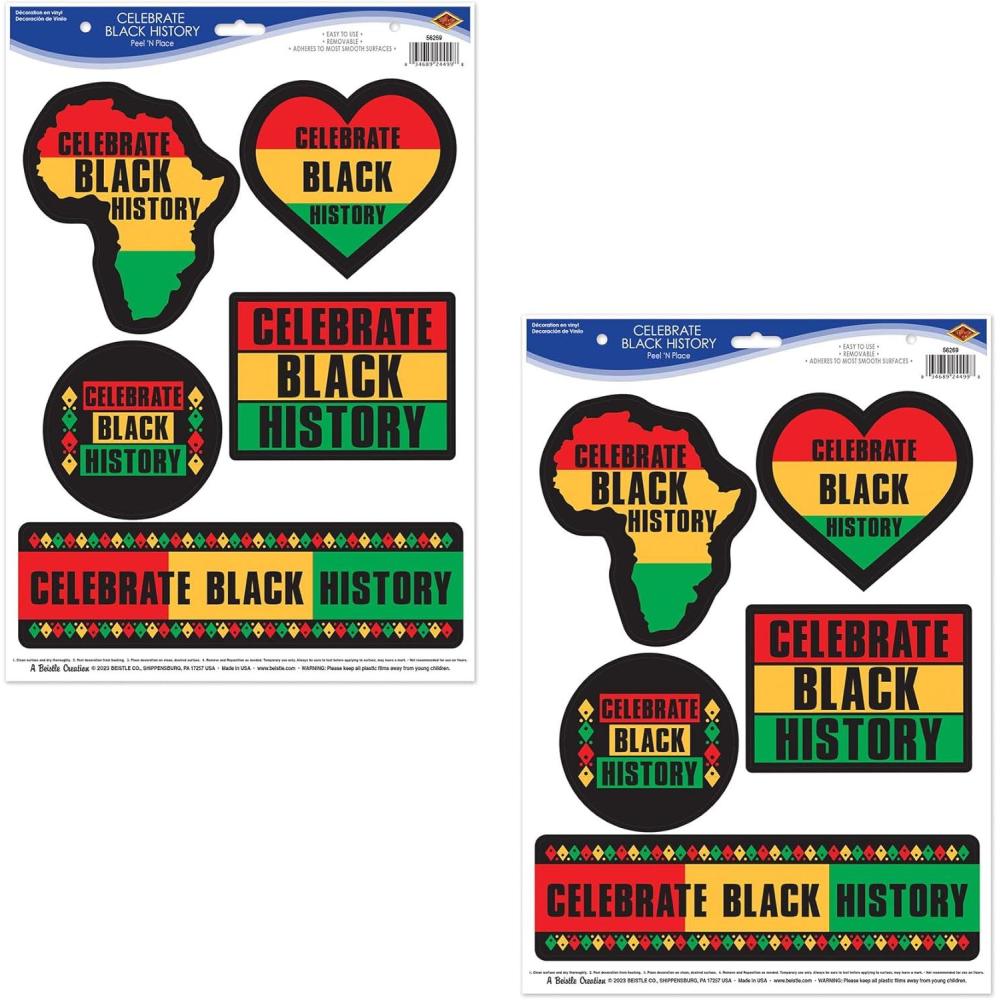 imageBeistle 2 Sheets Celebrate Black History Peel N Place Decals 10 Vinyl Stickers in 5 Designs Perfect for Black History Month Decorations African American Pride