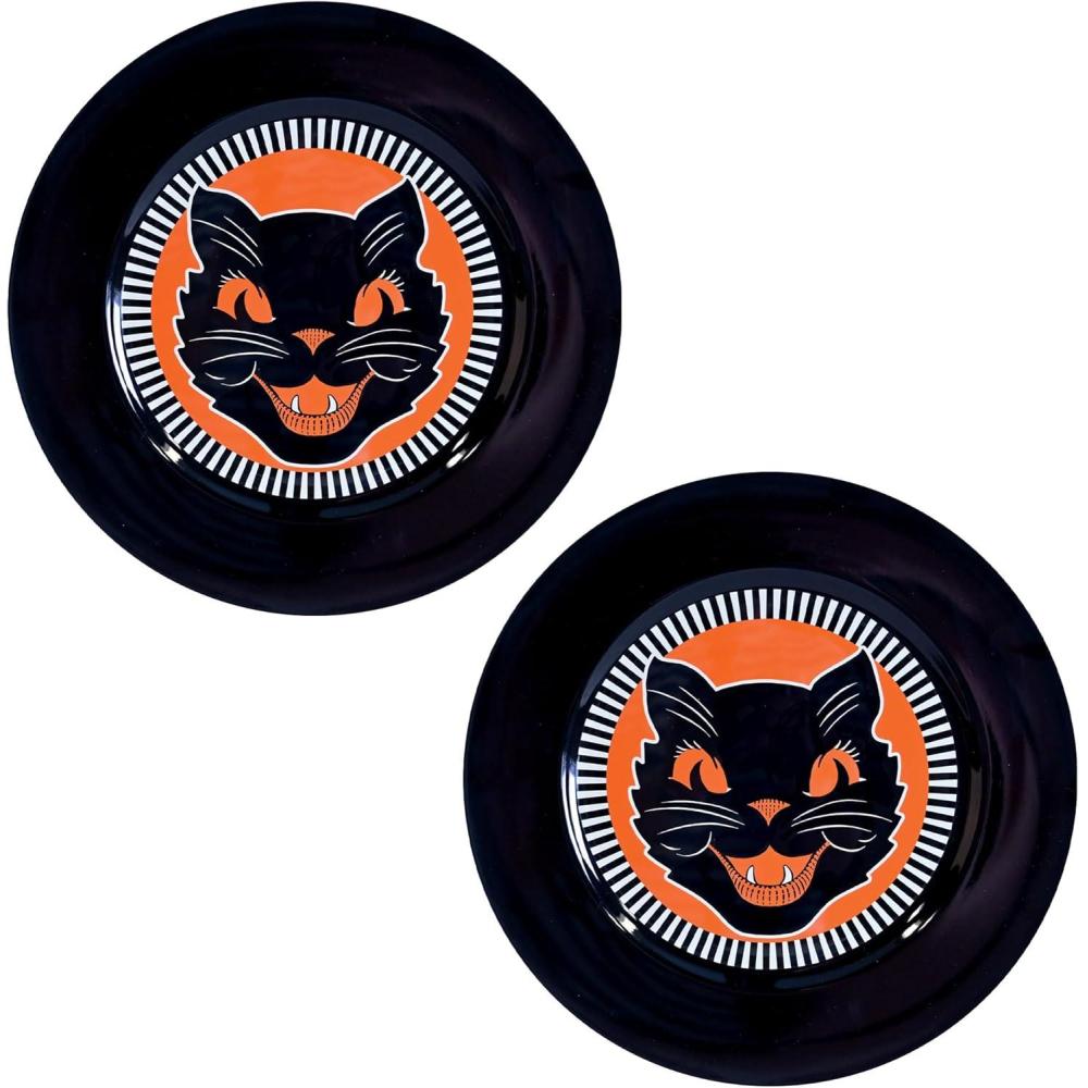imageBeistle Vintage Halloween Black Cat Platter  2 Pack Black ampamp Orange Retro Decorative Serving Tray Classic Grinning Cat Holiday Party Plate Nostalgic Seasonal Tableware for Candy ampamp Treats 12