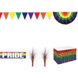 Beistle Rainbow Pennant Banner, Fabric Rainbow Bunting, Rainbow Metallic Table Skirting, 2 Piece Rainbow Metallic Spray Centerpieces, and Jumbo Rainbow Pride Yard Sign