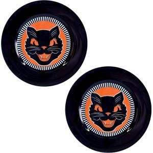 Beistle Vintage Halloween Black Cat Platter – 2 Pack Black & Orange Retro Decorative Serving Tray, Classic Grinning Cat Holiday Party Plate, Nostalgic Seasonal Tableware for Candy & Treats, 12⅞”
