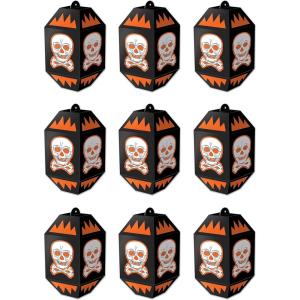 Beistle Vintage Halloween Skull Paper Lanterns 9 Piece, 7″, Black/Orange/White