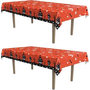 Beistle Haunted House Tablecovers, 54” x 108”– Plastic Table Cloth, Rectangular Tablecloth, Holiday Tablecloth, Halloween Plastic Tablecloth, Halloween Decorations, Orange/Black/White, 2 Pieces