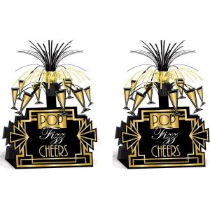 Beistle Pop Fizz Cheers Centerpieces – 2-Pack Art Deco Table Decorations in Black and Gold for Roaring Twenties Parties, New Year’s Eve Themes, Awards Night Celebrations & Elegant Event Décor, 13″