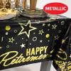 Beistle 2 Piece Metallic Happy Retirement Tablecovers, 54” x 108”, Plastic Party Tablecloths in Black, Gold, Silver