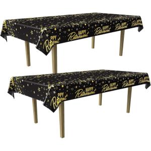 Beistle 2 Piece Metallic Happy Retirement Tablecovers, 54” x 108”, Plastic Party Tablecloths in Black, Gold, Silver