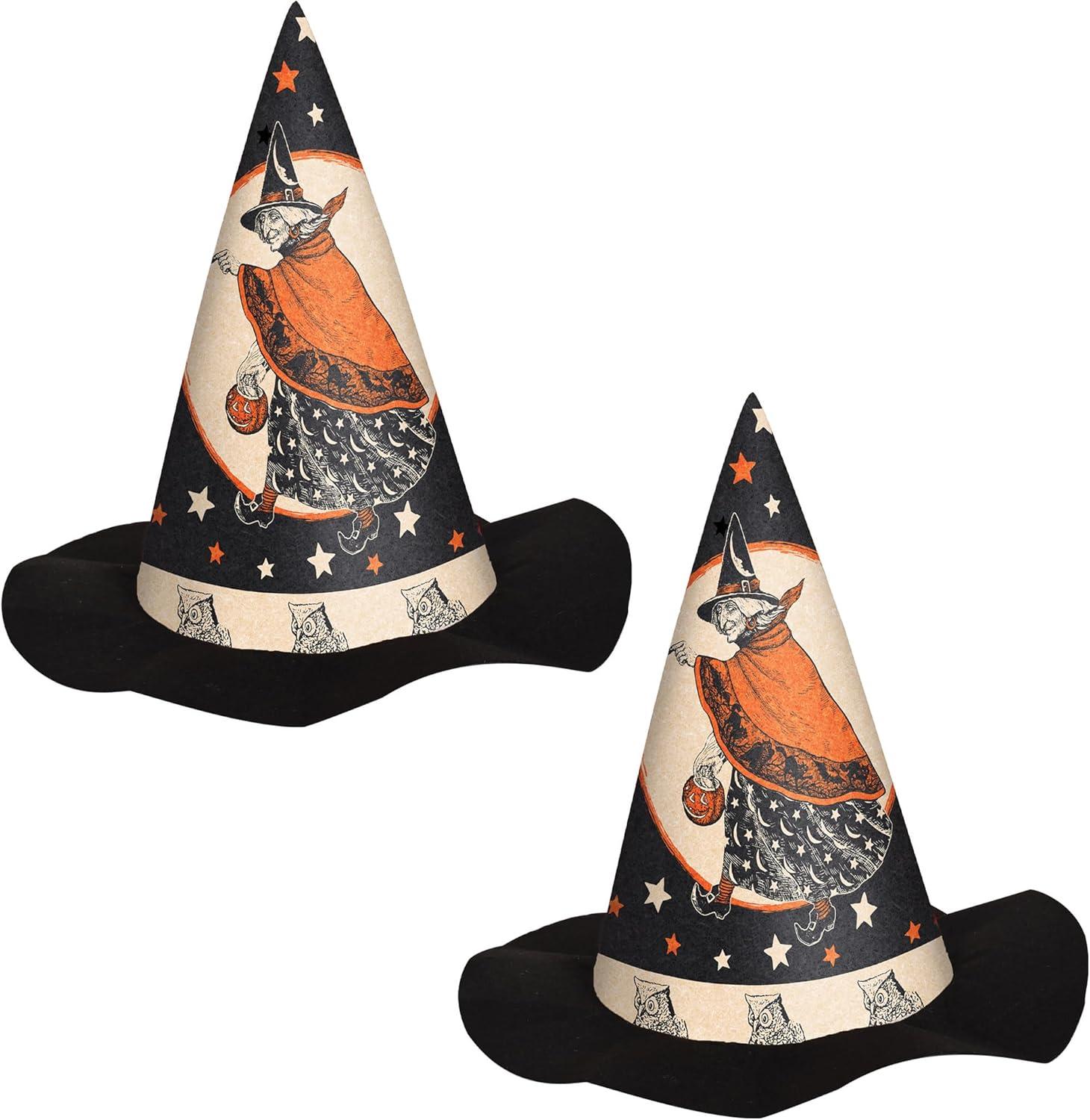 image:imageBeistle Vintage Halloween Felt Witch Hat 2 Pack Retro Style Black Felt Cone Hats with Classic Witch Design Nostalgic Costume Novelty Headwear Prop Accessories and Holiday Fall Party Decorations