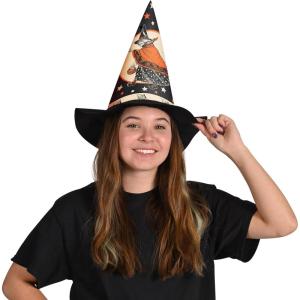 Beistle Vintage Halloween Felt Witch Hat – 2 Pack, Retro Style Black Felt Cone Hats with Classic Witch Design, Nostalgic Costume Novelty Headwear Prop Accessories and Holiday Fall Party Decorations