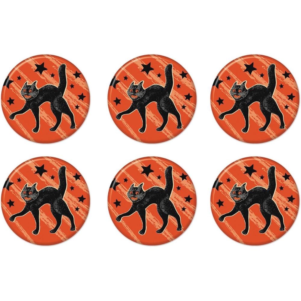 image:imageBeistle 6 Piece Retro Vintage Happy Halloween Party Favors Black Cat Pinback Buttons