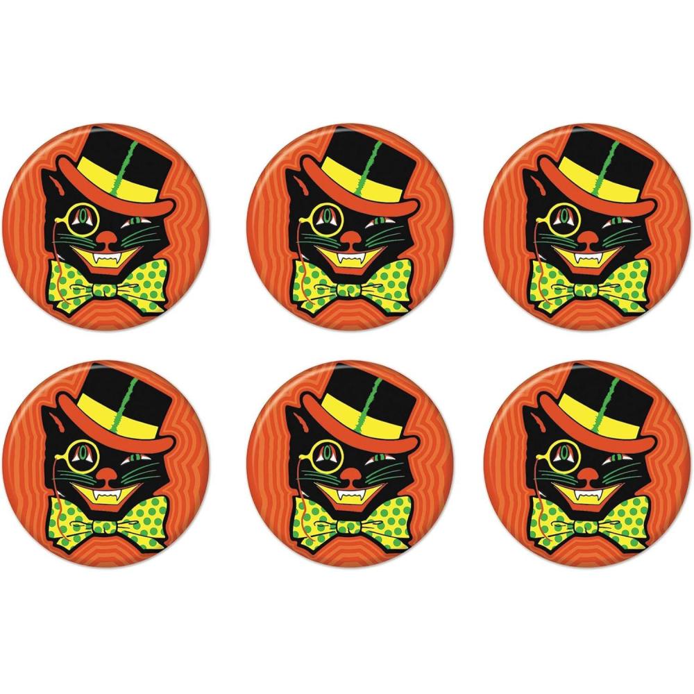 image:imageBeistle 6 Piece Retro Vintage Happy Halloween Party Favors Black Cat Pinback ButtonsOrangeBlackYellowGreen