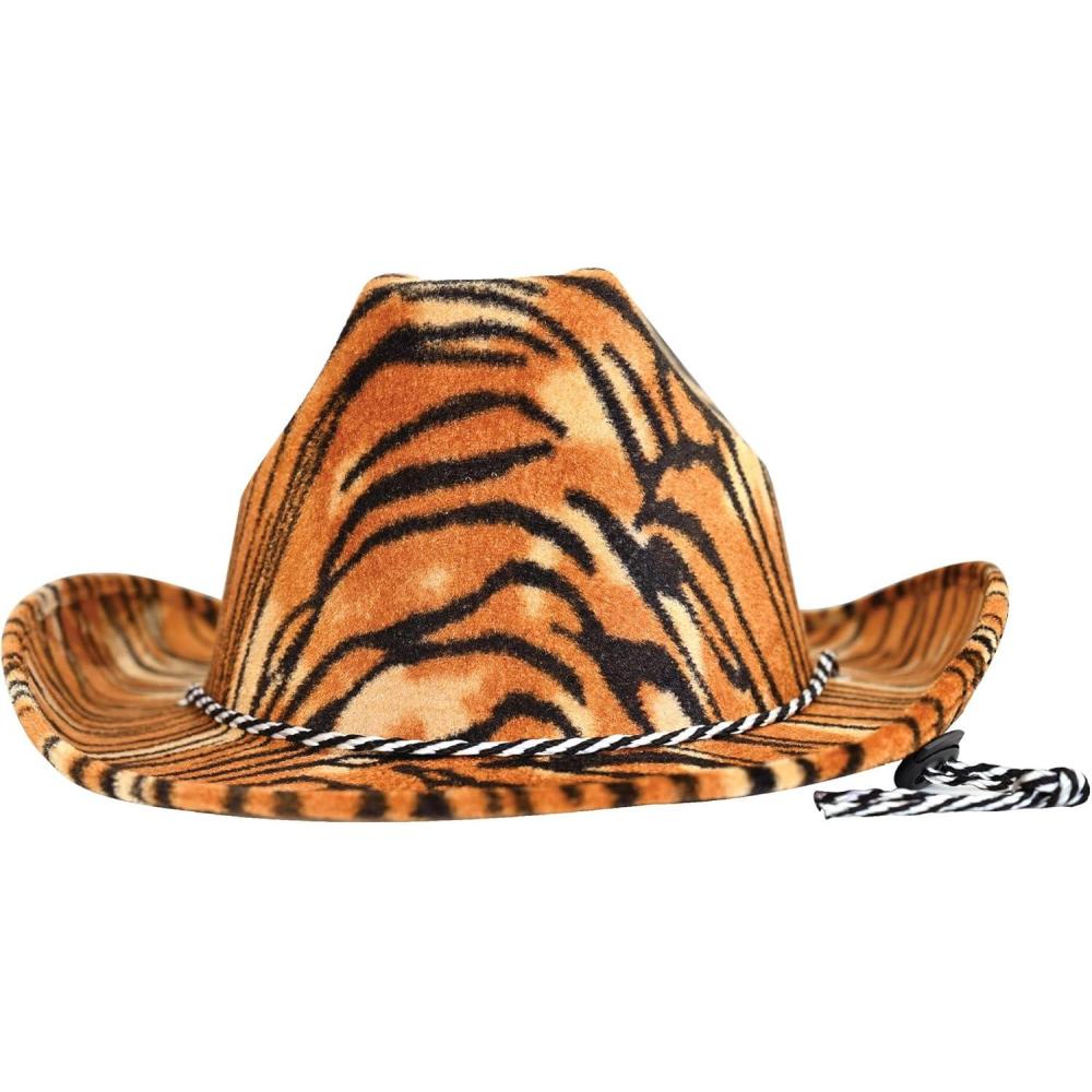 image:imageBeistle Cowboy Hats with Chin Strap Halloween Costume Dress Up Animal Safari Themed Birthday Party Western HeadwearTiger Print Cowboy