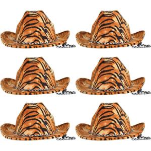 Beistle Cowboy Hats with Chin Strap – Halloween Costume Dress Up, Animal Safari Themed Birthday Party, Western Headwear(Tiger Print Cowboy – 6 Piece)