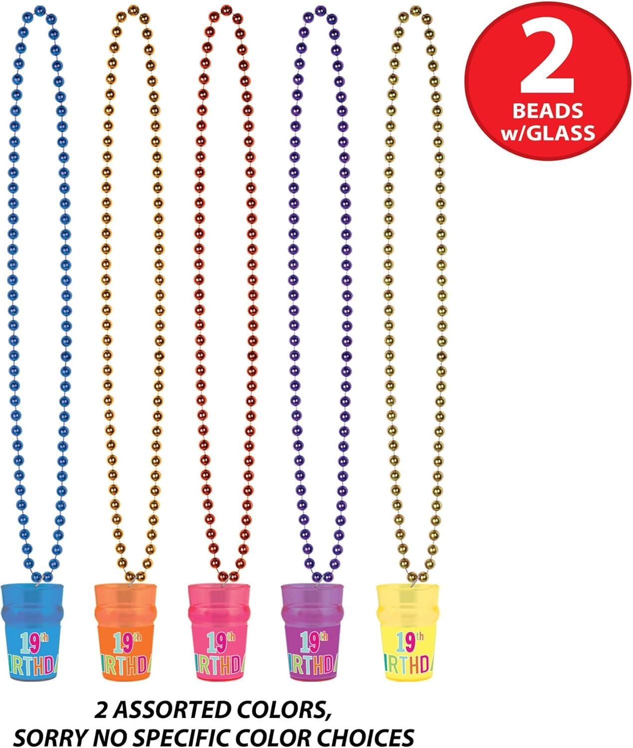 image:imageBeistle Happy 19th Birthday Party Beads 2Pack Colorful BDay Necklaces with 25 oz Shot Glass Attached Bar Crawl Drinking Accessories in Assorted Colors 33