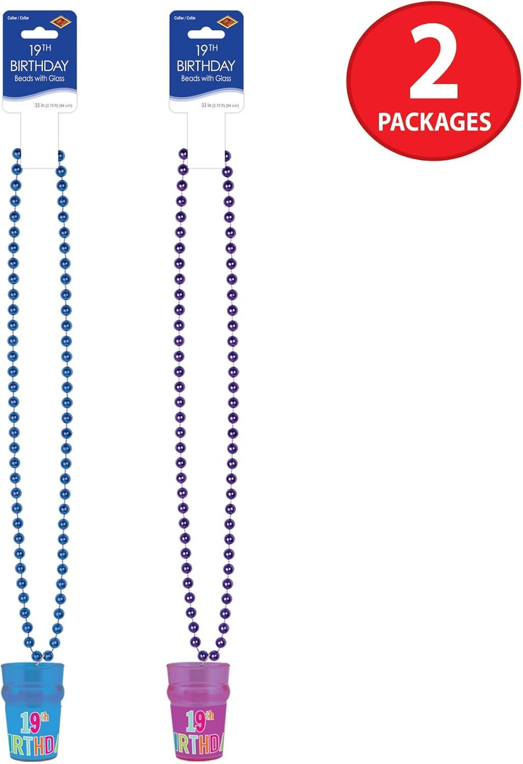 image:imageBeistle Happy 19th Birthday Party Beads 2Pack Colorful BDay Necklaces with 25 oz Shot Glass Attached Bar Crawl Drinking Accessories in Assorted Colors 33