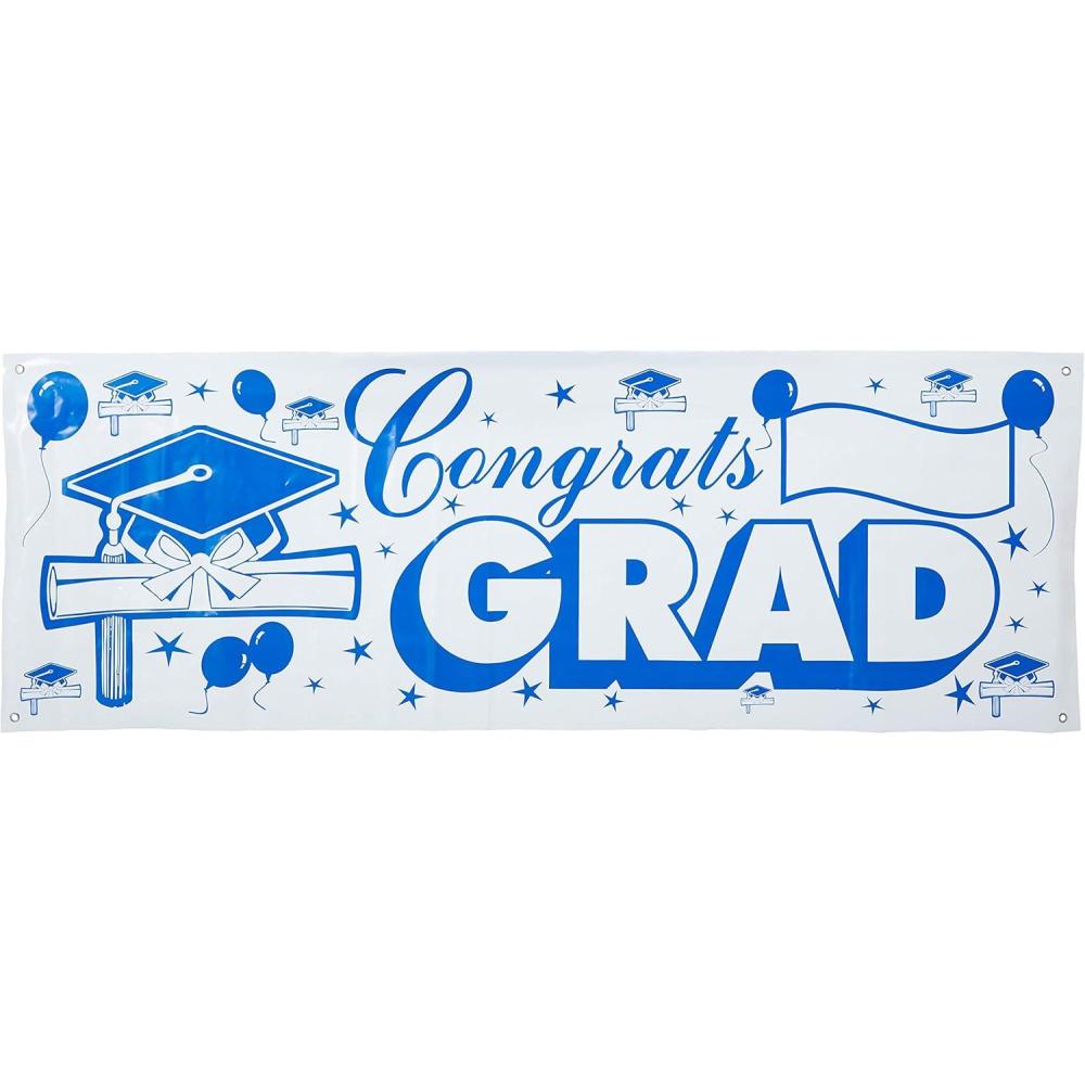 image:imageBeistle 4 Piece Plastic Graduation Banners IndoorOutdoor Congrats Grad DecorationsCongrats Grad Sign Banner  Blue  White
