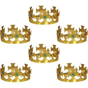 Beistle Plastic Jeweled King’s Crowns – 6-Count Gold Adjustable Costume Headpieces with Gems for Medieval Birthday Parties, Stage Plays, Photo Booths, Mardi Gras and Royal Celebrations