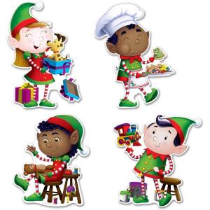 Beistle Elves Cutouts, 8-Count Christmas Decorations 4 Festive Elf Designs Double-Sided for Holiday Parties Winter Wonderland Displays and Classroom Décor, 10.5” – 15.25”