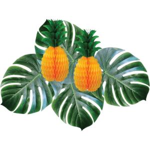 Beistle Tropical Décor Bundle – 2 Tissue Pineapple Centerpieces and 4 Fabric Monstera Palm Leaves, Vibrant Luau Party Decorations for Summer Events, Tiki Themes, Beach Parties & Island Celebrations