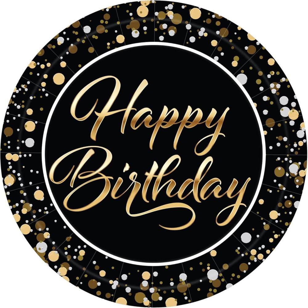 image:imageBeistle Happy Birthday Paper Plates 16 Pack Black and Gold Elegant Party Tableware with Script Lettering and Confetti Design Round Disposable Dessert amp Meal Plates for Milestone Celebrations 9