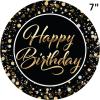 Beistle Happy Birthday Paper Plates – 16 Pack, Black & Gold Elegant Party Tableware with Script Lettering & Confetti Design, Round Disposable Dessert & Appetizer Plates for Milestone Celebrations, 7″