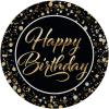 Beistle Happy Birthday Paper Plates – 16 Pack, Black & Gold Elegant Party Tableware with Script Lettering & Confetti Design, Round Disposable Dessert & Appetizer Plates for Milestone Celebrations, 7″