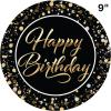 Beistle Happy Birthday Paper Plates – 16 Pack, Black and Gold Elegant Party Tableware with Script Lettering and Confetti Design, Round Disposable Dessert & Meal Plates for Milestone Celebrations, 9″