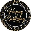 Beistle Happy Birthday Paper Plates – 16 Pack, Black and Gold Elegant Party Tableware with Script Lettering and Confetti Design, Round Disposable Dessert & Meal Plates for Milestone Celebrations, 9″