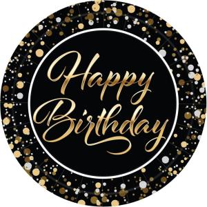 Beistle Happy Birthday Paper Plates – 16 Pack, Black and Gold Elegant Party Tableware with Script Lettering and Confetti Design, Round Disposable Dessert & Meal Plates for Milestone Celebrations, 9″
